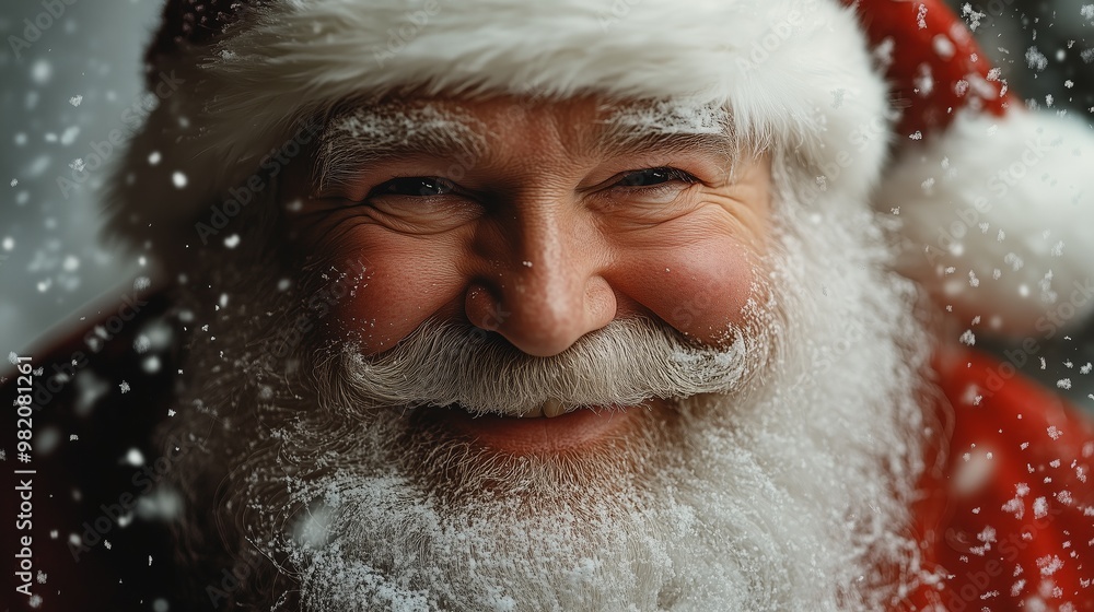 Santa Claus smiling and looking at the camera, magical atmosphere background with snowflakes falling Santa Claus smiling and looking at the camera, magical atmosphere background with snowflakes falling