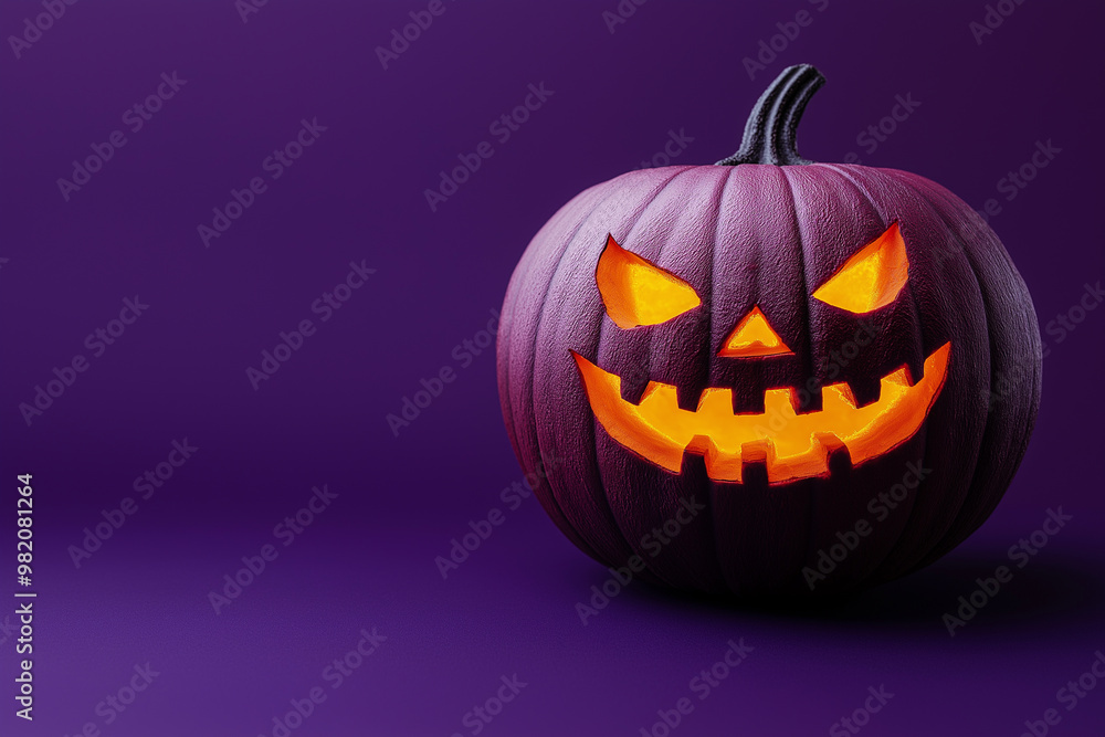 Halloween pumpkin with glowing eyes, isolated on a purple background Halloween pumpkin with glowing eyes, isolated on a purple background