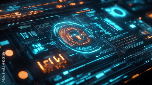 A futuristic user interface with a glowing blue and orange digital display.