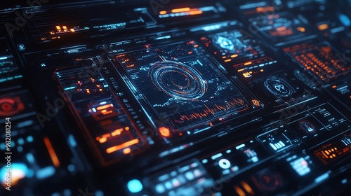 Futuristic digital interface with glowing blue and orange lights.