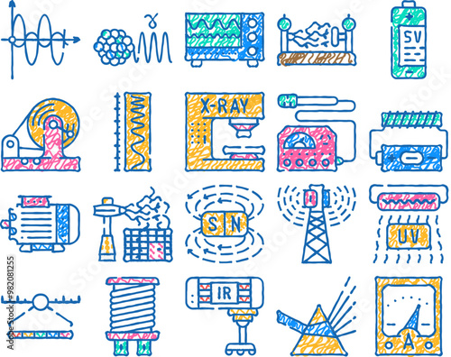 electromagnetic science physics doodle icons set vector. sketch line art electromagnetic and ultraviolet waves, x-ray electronic equipment and spectrum range, prism light and sv contour illustrations