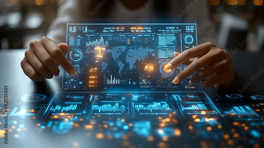 A close-up of hands interacting with a glowing holographic dashboard filled with revenue charts, business metrics, and world market diagrams, A close-up of hands interacting with a glowing holographic dashboard filled with revenue charts, business metrics, and world market diagrams,