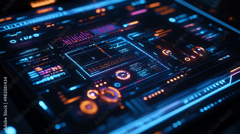 Futuristic blue and orange glowing digital interface. Futuristic blue and orange glowing digital interface.