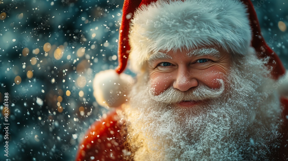 Santa Claus smiling and looking at the camera, magical atmosphere background with snowflakes falling Santa Claus smiling and looking at the camera, magical atmosphere background with snowflakes falling
