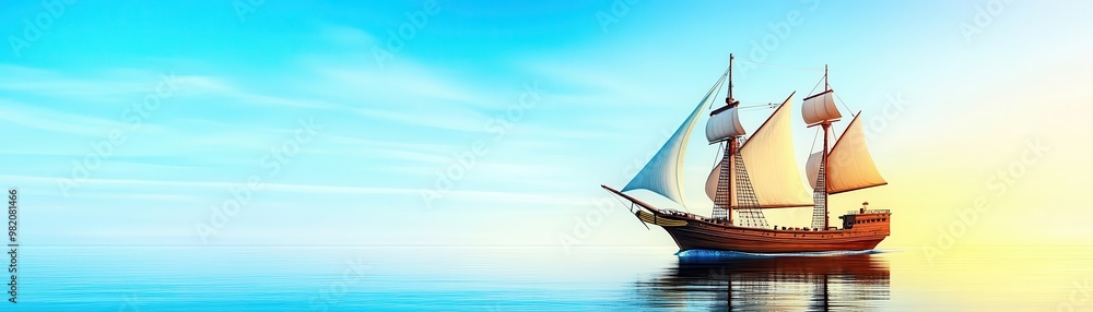 Obraz premium Merchant ship sailing on the ocean flat design, side view, adventure theme, 3D render, Split-complementary color scheme