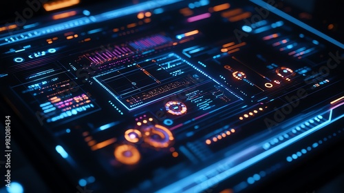 Futuristic blue and orange glowing digital interface.