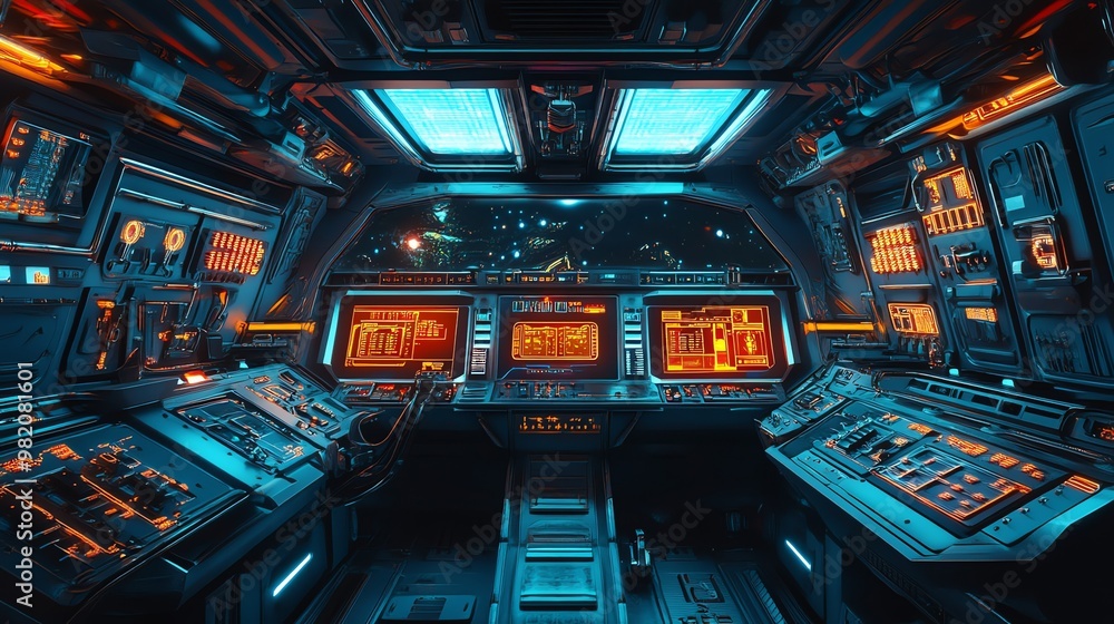 Futuristic spaceship cockpit with glowing controls and a view of space. Futuristic spaceship cockpit with glowing controls and a view of space.