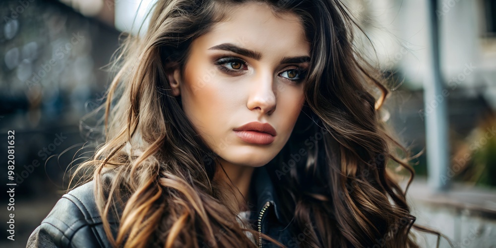 Dramatic outdoor portrait of a young woman with long dark hair and a ...