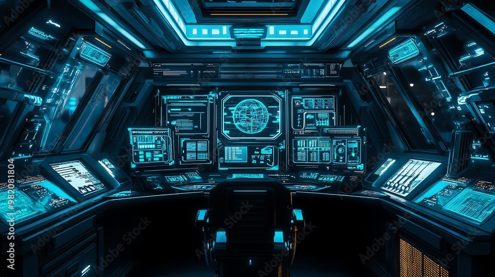 A futuristic spaceship bridge with an empty chair, glowing blue screens, and an advanced control panel. A futuristic spaceship bridge with an empty chair, glowing blue screens, and an advanced control panel.