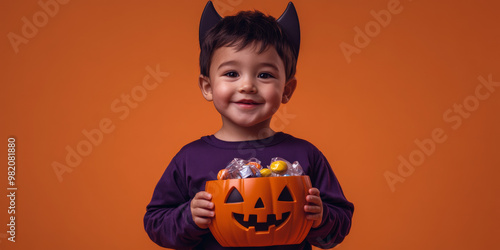 Toddler with trick-or-treat bag on solid orange Halloween backdrop 