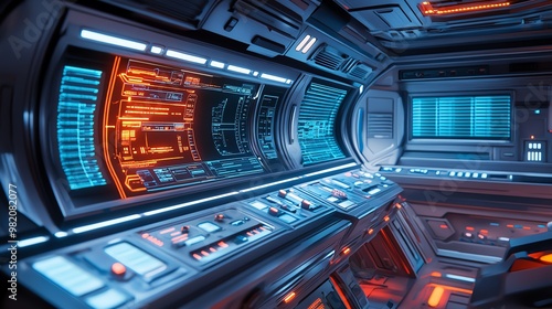 A futuristic spaceship control panel with glowing orange and blue screens.