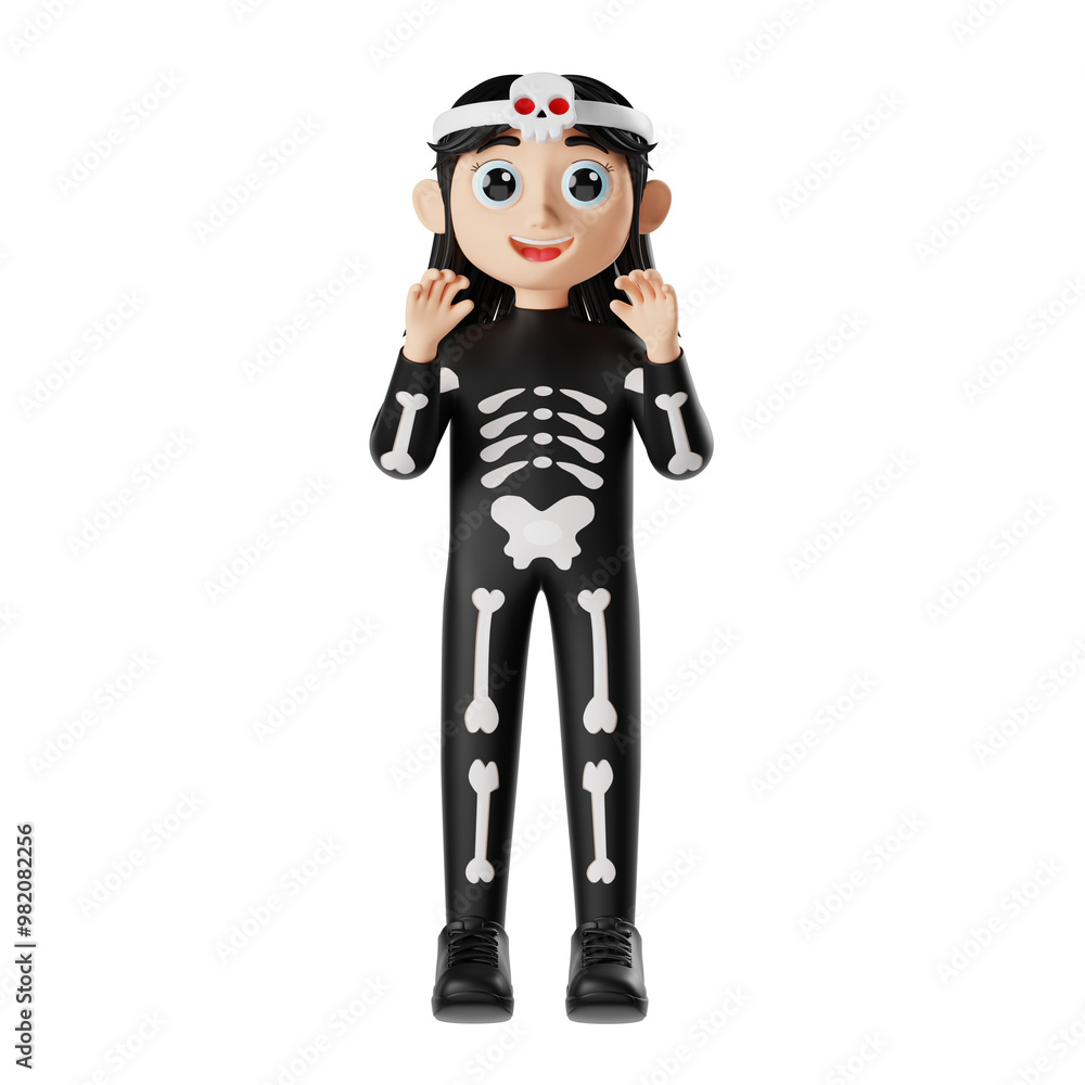 3D Character Girl Wearing Halloween Costume Skull 3D Character Girl Wearing Halloween Costume Skull