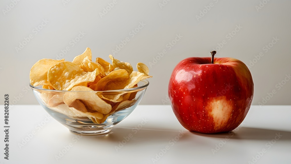 Potato chips vs apple, healthy fruit junk food comparison contrast Potato chips vs apple, healthy fruit junk food comparison contrast