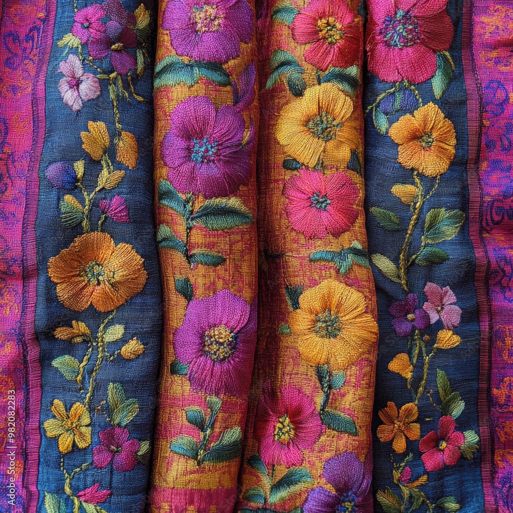 Vibrant Floral Embroidery on Textile Fabric Vibrant Floral Embroidery on Textile Fabric