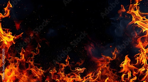 Burning fire flames border black background, hot bbq blaze frame