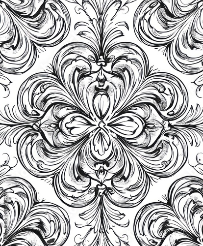 Ornate black and white floral pattern design.