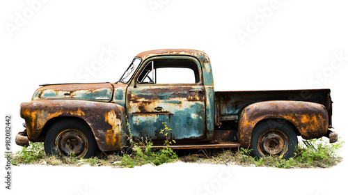 A junkyard landscape, filled with rusted metal scraps and old machinery, abandoned and isolated on white background