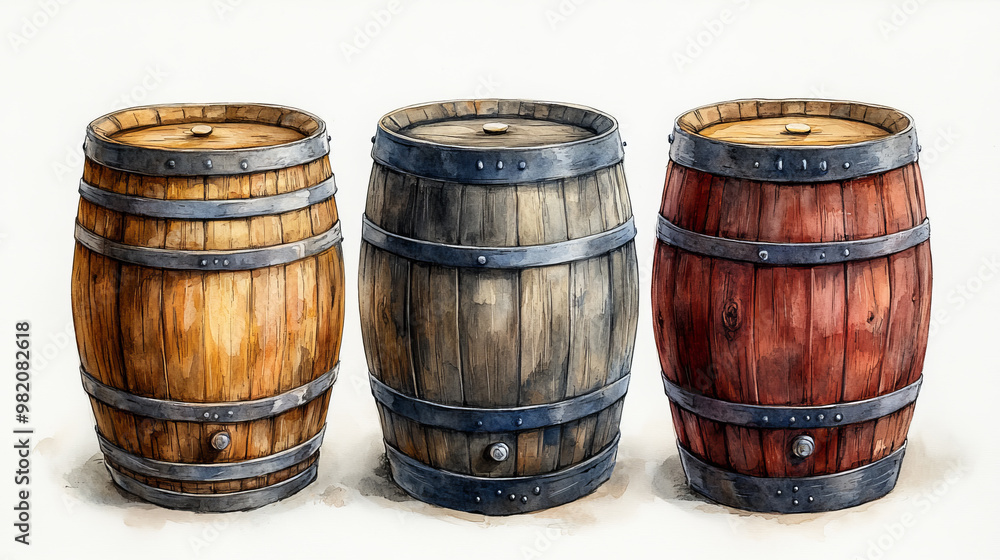 An illustration of three colorful wooden barrels with metal bands in various shades, arranged side by side An illustration of three colorful wooden barrels with metal bands in various shades, arranged side by side