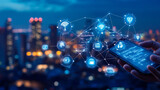 5G technology networks enable internet connectivity for wireless devices globally. This advanced technology is vital for businesses in the digital landscape, showcasing smartphones in hand and icon.