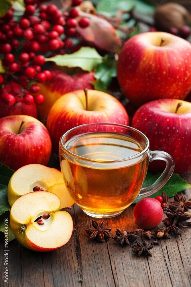 Hot Apple Cider Beverage with Spices, Red Berries and Fresh Apples on Rustic Wood, Autumn Theme Hot Apple Cider Beverage with Spices, Red Berries and Fresh Apples on Rustic Wood, Autumn Theme