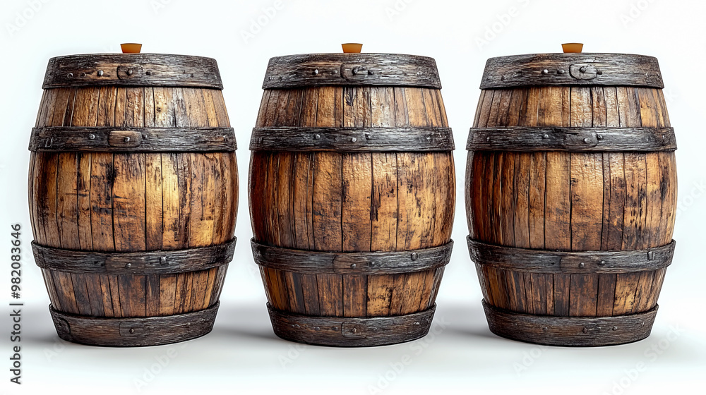 Fototapeta premium Three rustic wooden barrels with metal bands and a weathered look, standing against a light background