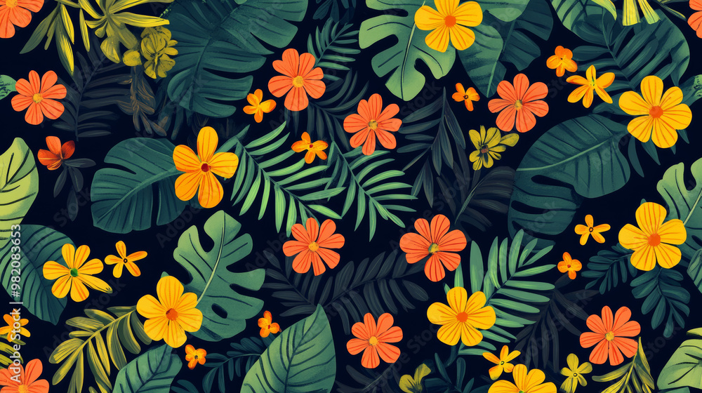Beautiful, repeating patterns of leaves and flowers. Perfect for summer backgrounds or designs. Beautiful, repeating patterns of leaves and flowers. Perfect for summer backgrounds or designs.
