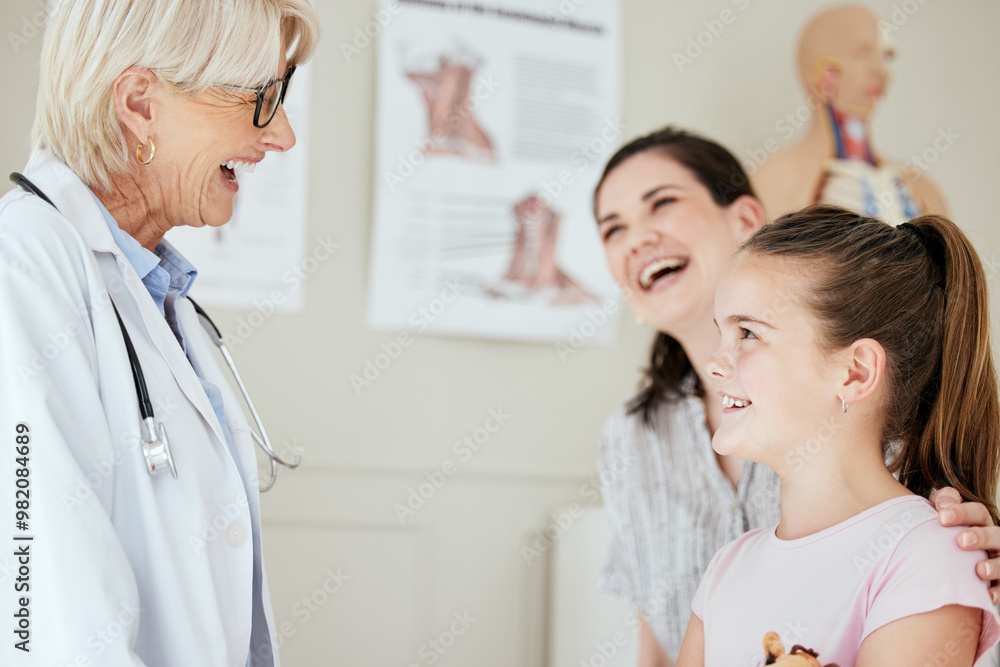 Clinic, doctor and talking to child, laughing and mature woman with smile, introduction and checkup. Office, mom and daughter in appointment, funny and conversation for health of kid and pediatrician Clinic, doctor and talking to child, laughing and mature woman with smile, introduction and checkup. Office, mom and daughter in appointment, funny and conversation for health of kid and pediatrician