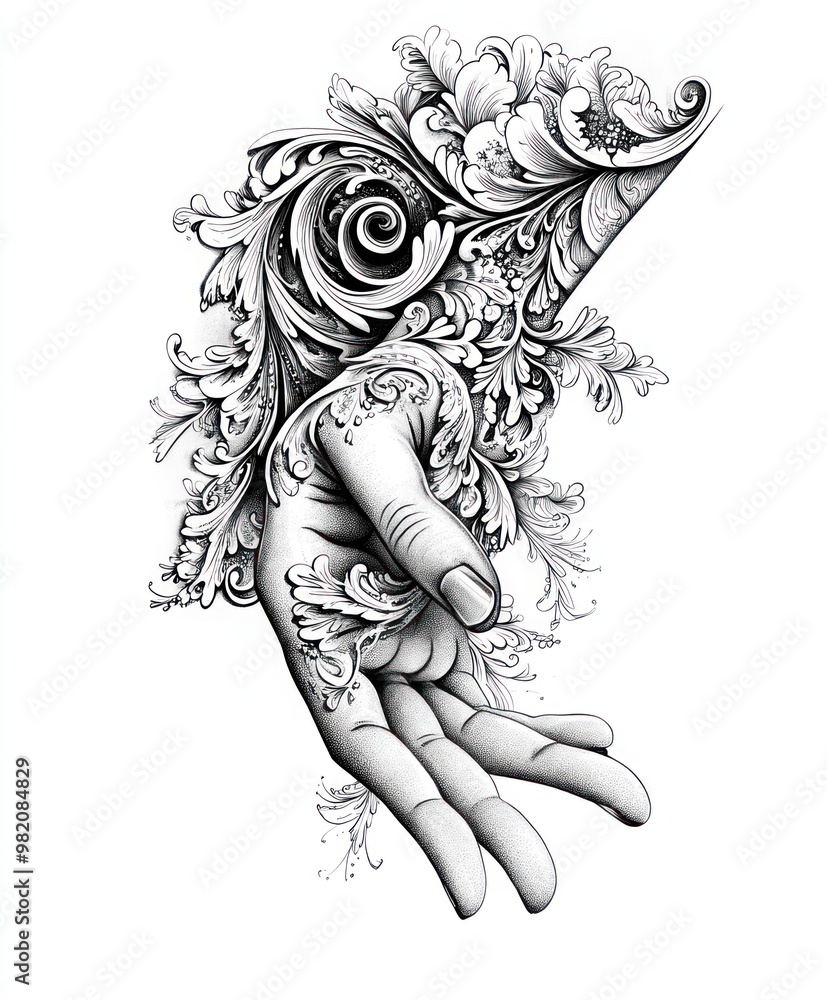 A detailed illustration of a hand entwined with ornate floral designs. A detailed illustration of a hand entwined with ornate floral designs.