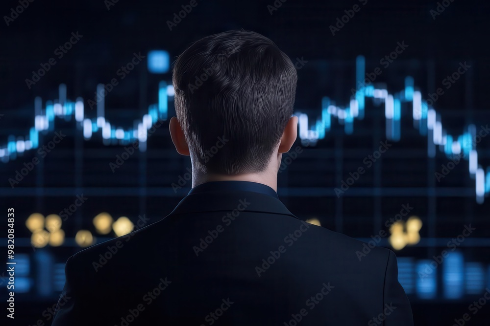 Businessman analyzing financial data on a digital screen, reflecting modern technology in investment and market analysis. Businessman analyzing financial data on a digital screen, reflecting modern technology in investment and market analysis.