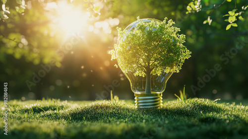 **Eco green energy system concept featuring a green tree inside a light bulb on a grassy background. Emphasizing the goal of net zero by 2050, surrounded by green energy icons and highlighting carbon 