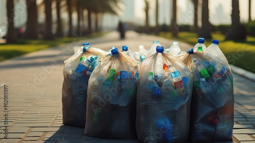 Plastic Bottles Collected in Trash Bags for Recycling. Plastic bottles packed into trash bags on a paved pathway, representing efforts toward recycling and waste management in public spaces.