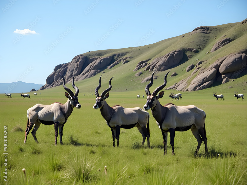 Fototapeta premium Majestic Antelopes in Stunning Natural Landscape: Graceful Group of Three with Long Curved Horns Against Lush Green Grasslands, Dotted with More Antelopes - Captivating Wildlife