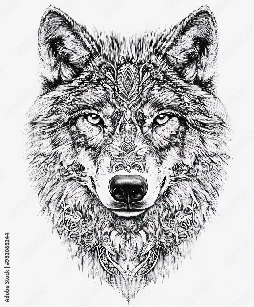 Fototapeta premium A detailed black-and-white illustration of a wolf's head with intricate patterns.