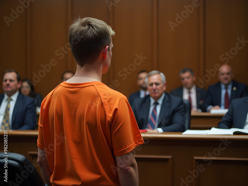 Tense Courtroom Scene with Young Inmate in Orange Jumpsuit, Back to Camera, Highlighting Vulnerability and Serious Atmosphere Surrounded by Elegant Wooden Paneling Emotional Legal Drama Concept