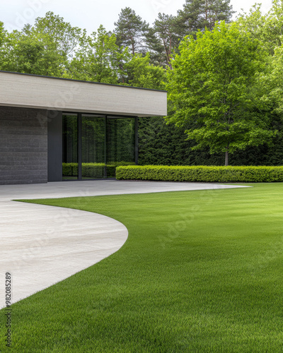 Modern house exterior with manicured lawn and lush greenery in a tranquil setting during daylight