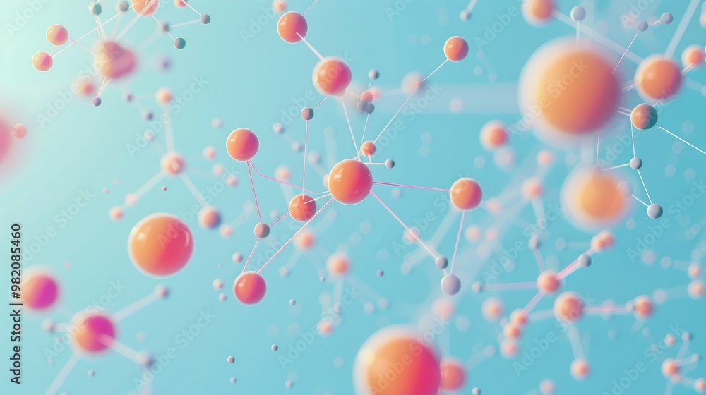 Fototapeta premium network connections on a light blue background with pink and orange spheres, interconnected nodes in an abstract technology concept, a digital grid pattern, gradient on a white background