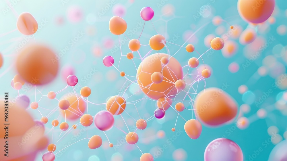 Fototapeta premium network connections on a light blue background with pink and orange spheres, interconnected nodes in an abstract technology concept, a digital grid pattern, gradient on a white background