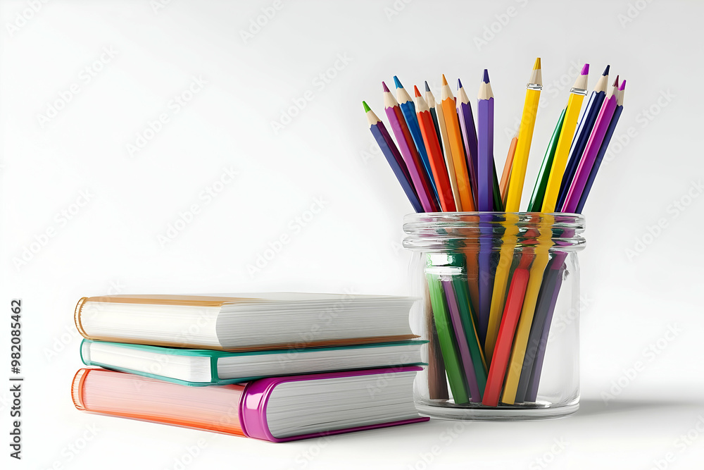 Books stacked with a jar of colorful pencils on top, isolated on white background. Books stacked with a jar of colorful pencils on top, isolated on white background.