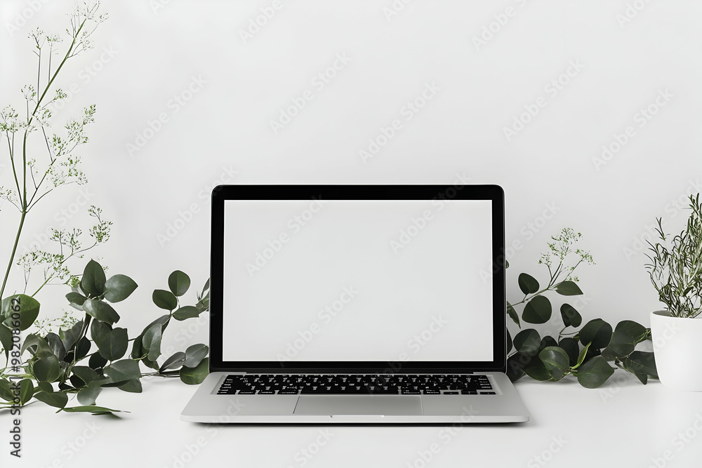 Fototapeta premium Desk Laptop with blank screen on table