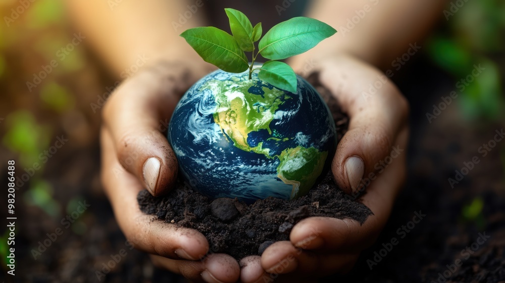 Hands Holding the Earth with Green Seedling. Pair of hands cradles a ...