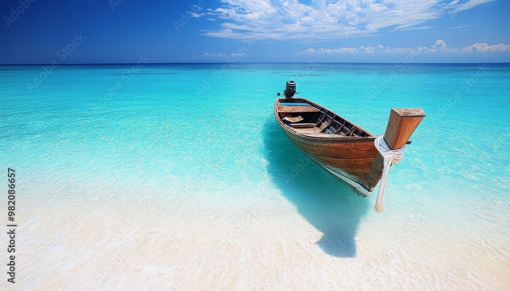 Naklejka premium Tranquil Paradise Traditional Longtail Boat on Turquoise Waters, Tropical Beach, Thailand