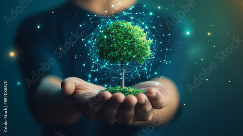 Net zero by 2050 concept focusing on ESG (Environmental, Social, and Governance) principles. Featuring a human hand holding a green tree icon, symbolizing eco-friendly energy systems.