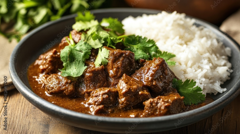 A plate of beef curry garnished with cilantro, served alongside fluffy white rice. A plate of beef curry garnished with cilantro, served alongside fluffy white rice.