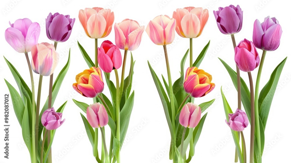 4 bouquets of tulips in different colors against a white background 4 bouquets of tulips in different colors against a white background