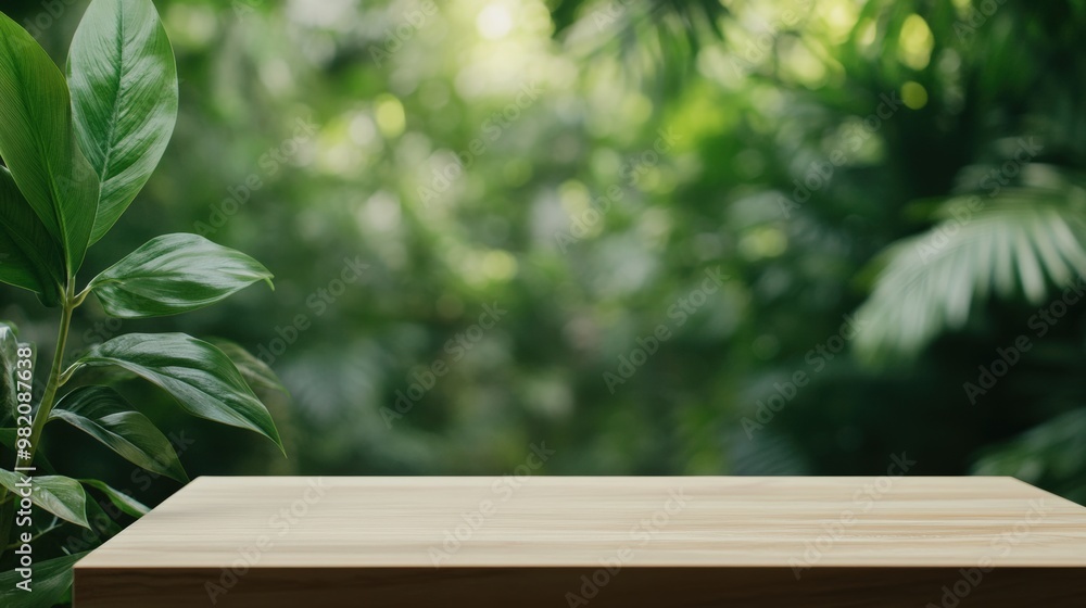 A minimalist wooden table in a lush, green forest setting, perfect for showcasing products or food in a natural ambiance. A minimalist wooden table in a lush, green forest setting, perfect for showcasing products or food in a natural ambiance.