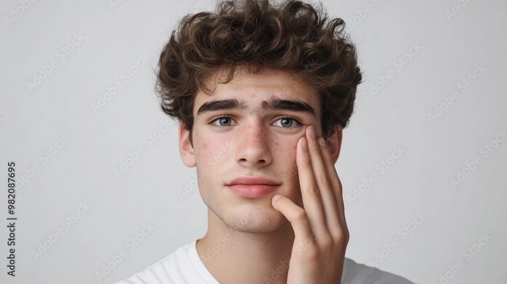Young man with curly hair touching his face, expressing concern in a neutral setting during daytime Young man with curly hair touching his face, expressing concern in a neutral setting during daytime