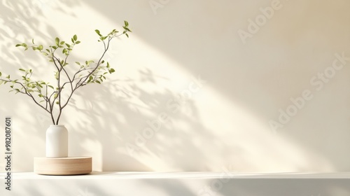 A minimalist vase with a green branch casts gentle shadows against a light wall, adding a serene touch to any space.