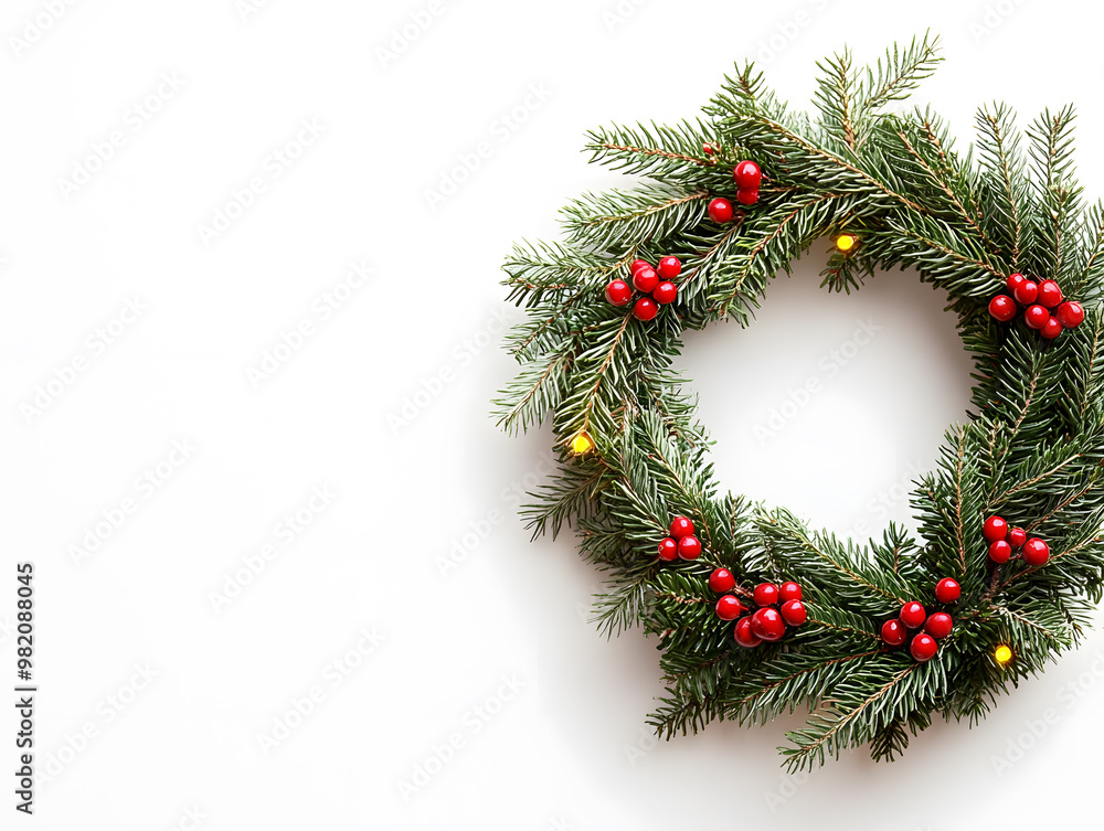 This festive Christmas wreath, crafted from lush pine branches and glowing lights, brings the warmth of the season to life, isolated on a crisp white background This festive Christmas wreath, crafted from lush pine branches and glowing lights, brings the warmth of the season to life, isolated on a crisp white background