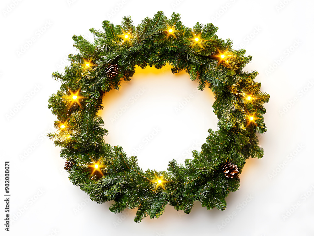 This festive Christmas wreath, crafted from lush pine branches and glowing lights, brings the warmth of the season to life, isolated on a crisp white background This festive Christmas wreath, crafted from lush pine branches and glowing lights, brings the warmth of the season to life, isolated on a crisp white background