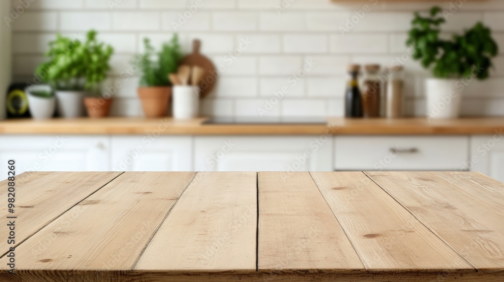 A rustic wooden table in a bright kitchen setting, surrounded by green plants and modern decor, perfect for culinary creations. A rustic wooden table in a bright kitchen setting, surrounded by green plants and modern decor, perfect for culinary creations.